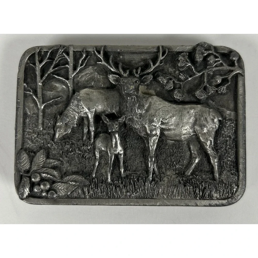 VTG Siskiyou Buckle Co. Wapiti Elk Family Belt Buckle 1982 Silver Pewter
